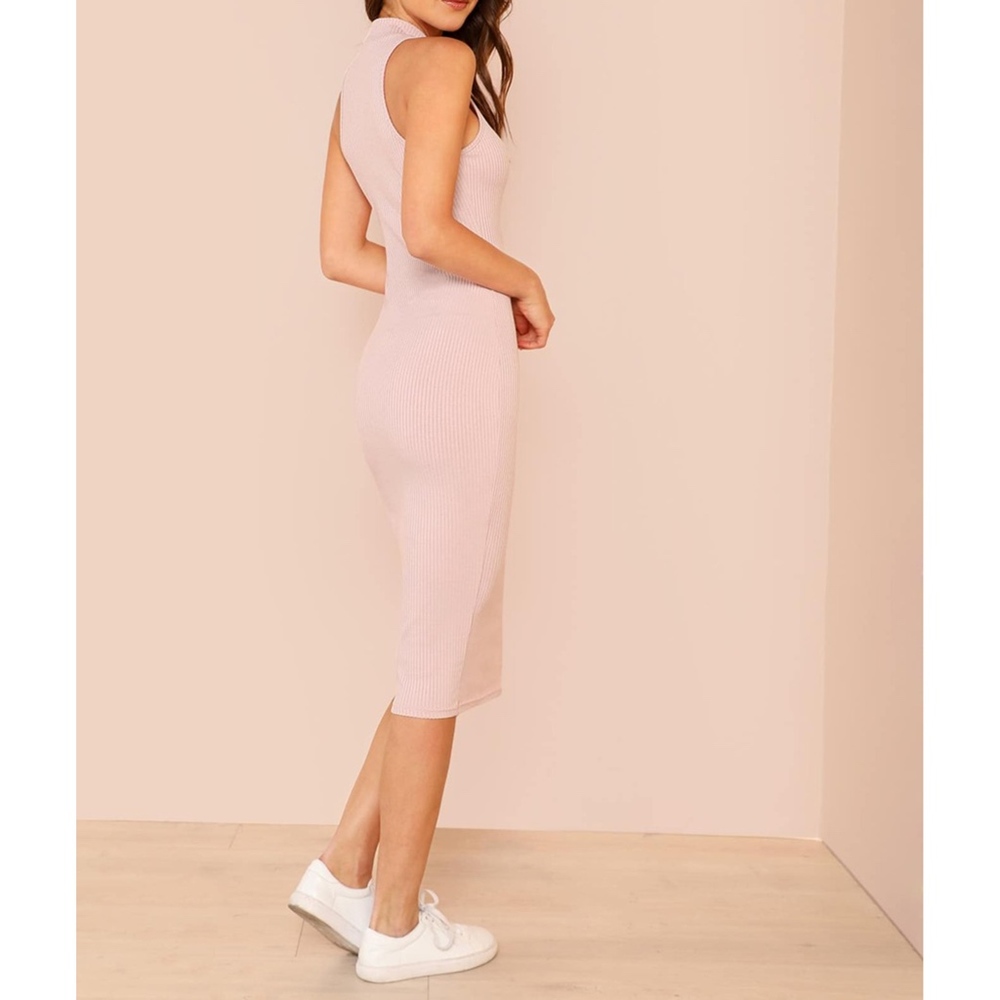 Blush Pink Halter Bodycon Ribbed Midi Dress - Picture 2 of 6